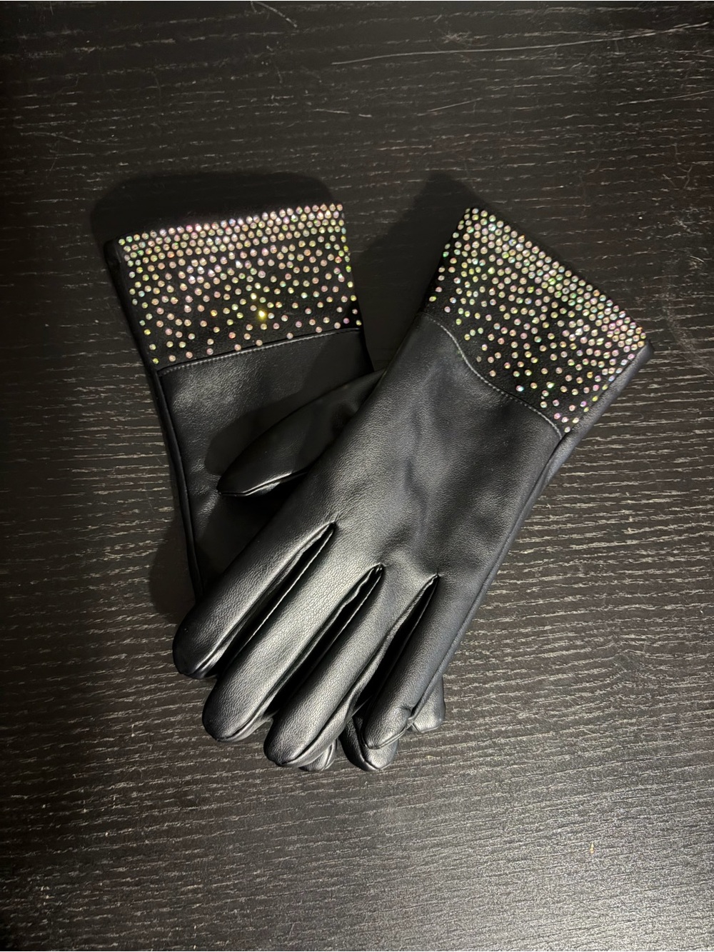 Black Faux Leather Gloves with Iridescent Crystal Cuff - Women’s Fashion Gloves
